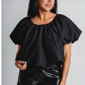 Mittoshop Textured Puff Sleeve BUBBLE CROP TOP  Black Size Large
